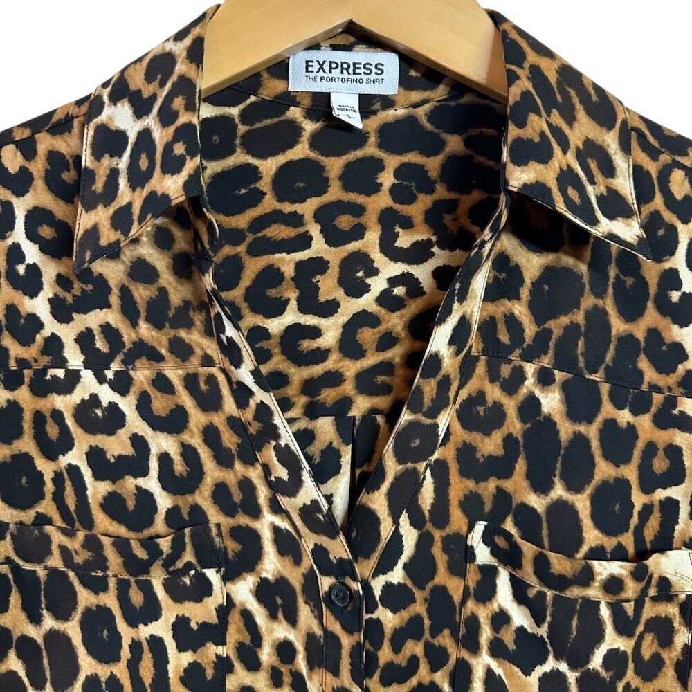 Express Portofino Shirt in Brown & Black Leopard Print Crepe Size Small - Picture 4 of 7
